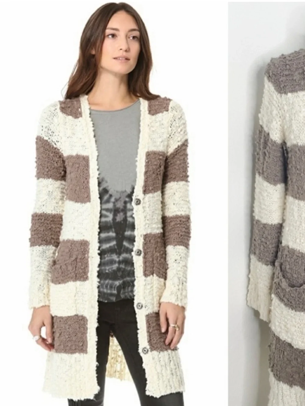 Free People Cream & Brown Striped Open-Front Cardigan